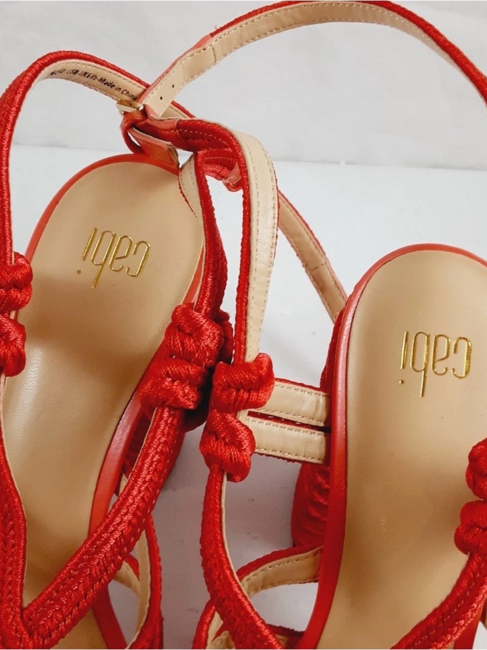 CAbi Tiptoe Sandals Sz 9 M Red Ankle Strap Block Heel Open Toe Knot - Picture 9 of 11